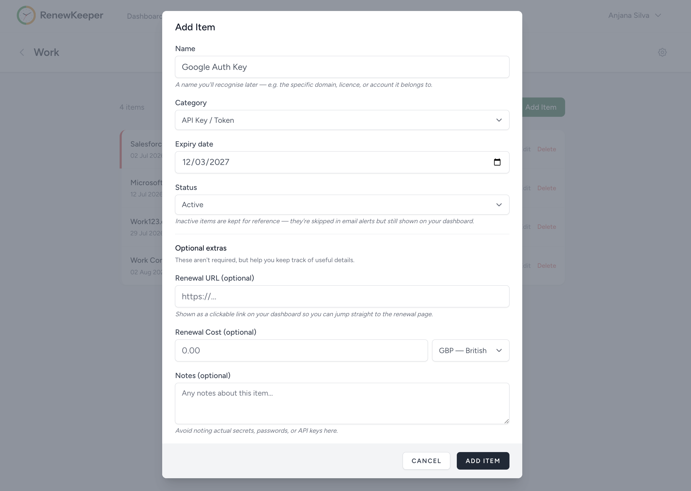 Screenshot placeholder: Add-item form showing name, category, expiry date, renewal URL, cost, and notes fields