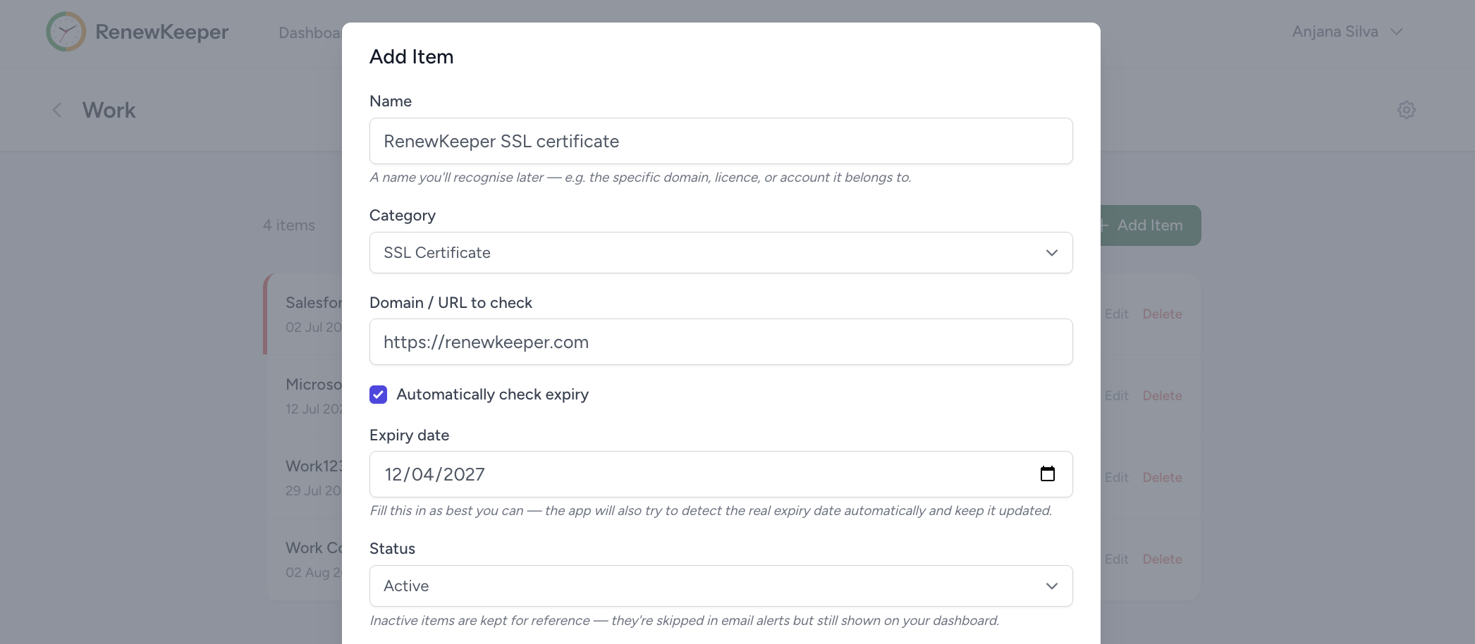 Screenshot placeholder: item detail view showing last checked timestamp and check status