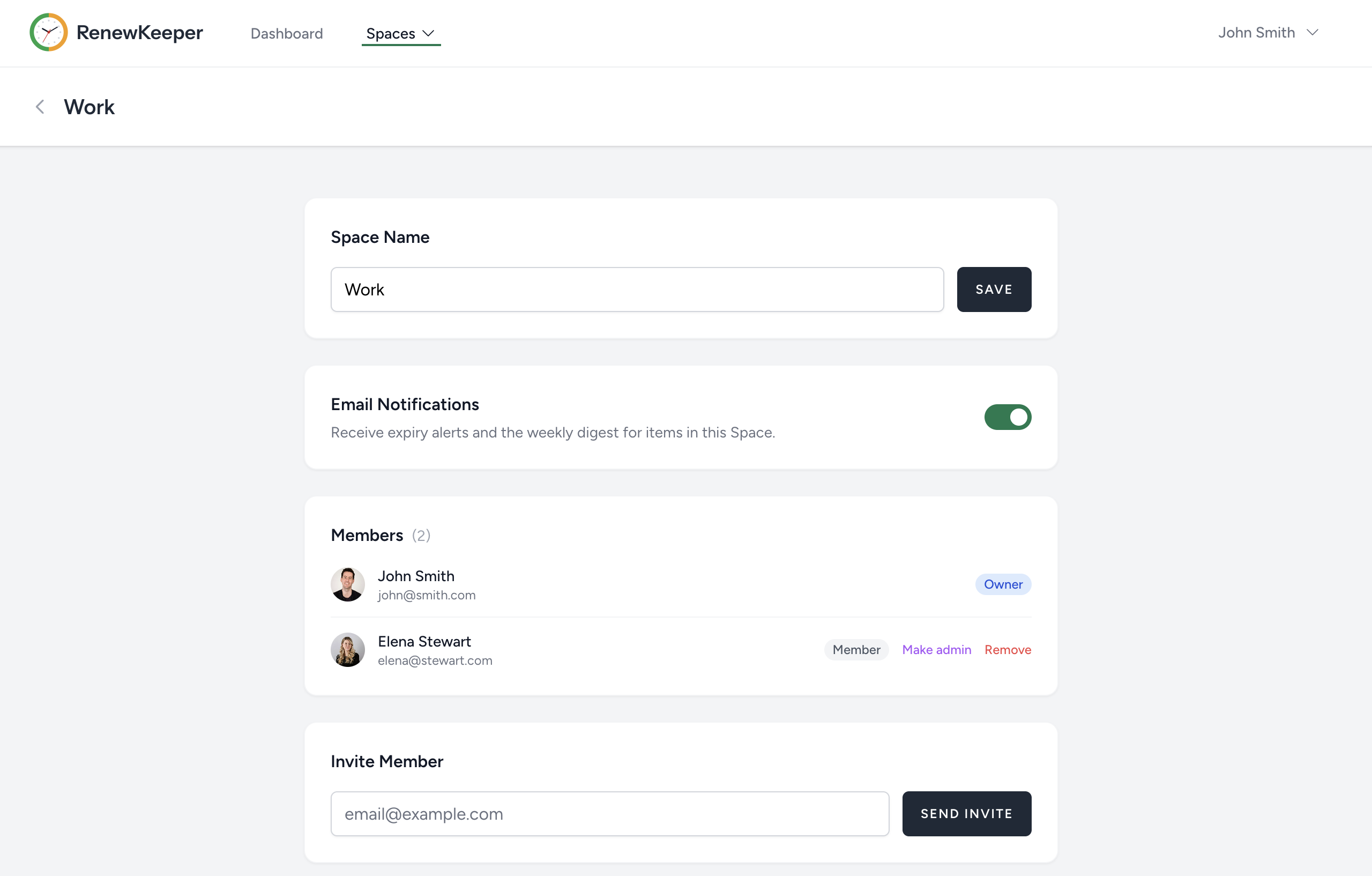 Screenshot placeholder: Space members page showing an owner and a members
