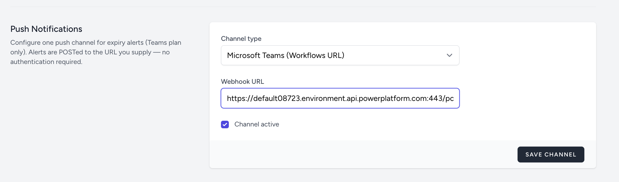 Screenshot placeholder: push channel settings showing URL field, channel type, and Send test button
