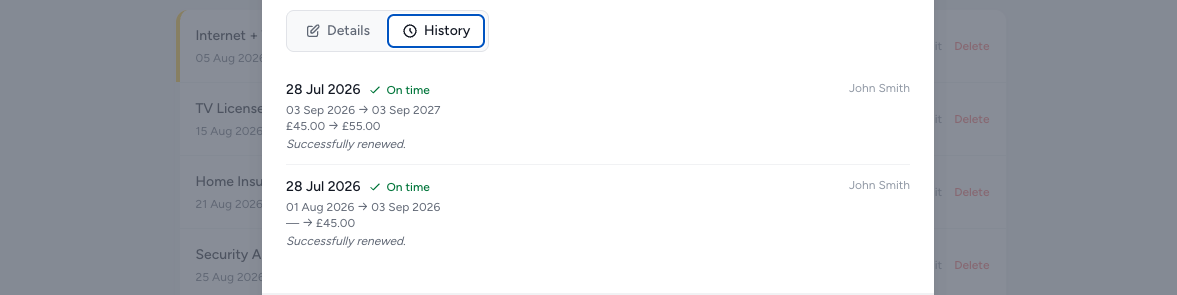 Screenshot placeholder: item renewal history view