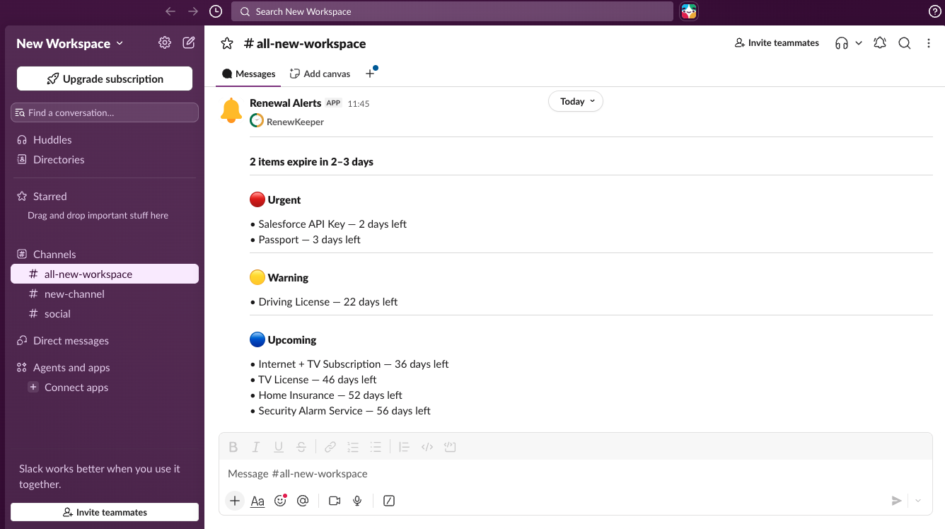 A RenewKeeper alert posted into a Slack channel, headed "2 items expire in 4–5 days" and listing items under Urgent, Warning, and Upcoming.