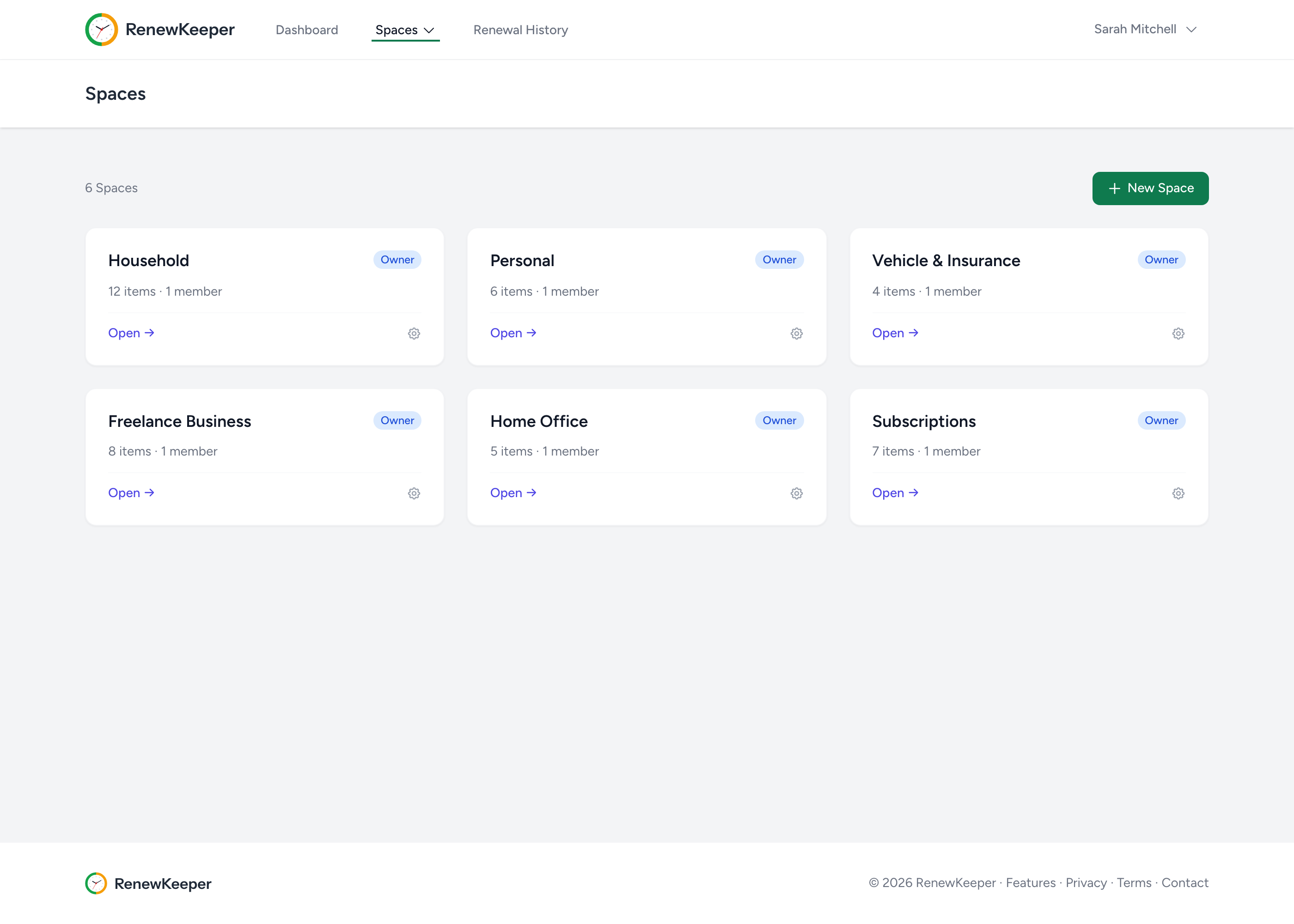 Spaces list for an individual: Household, Personal, Vehicle & Insurance, Freelance Business, Home Office, and Subscriptions.