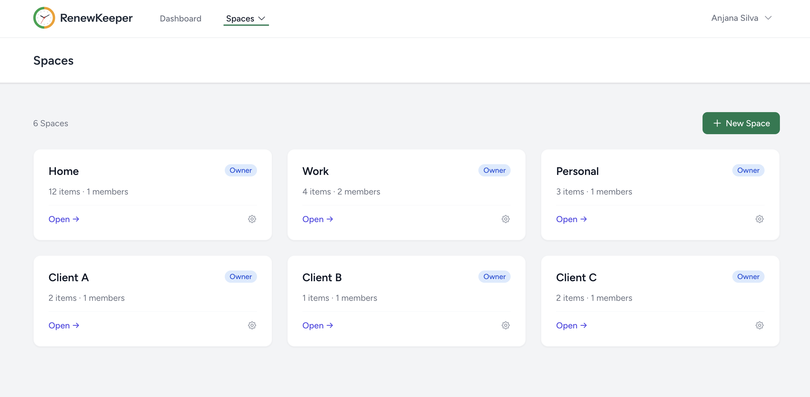 Spaces list showing Work, Household, and a client Space, each with its own item count.