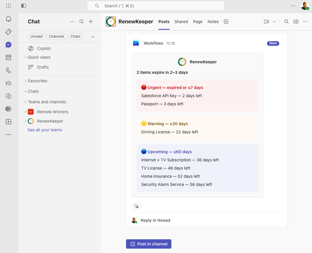 The same RenewKeeper alert delivered as a Microsoft Teams message card, listing expiring items under Urgent, Warning, and Upcoming headings.